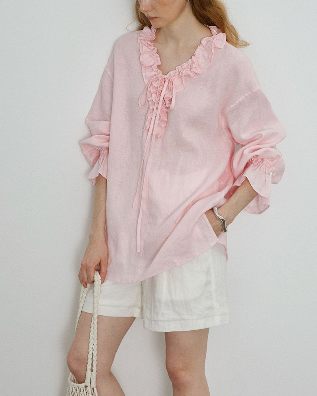 Willluxe® Linen Romantic Ruffled Puff Sleeve Shirt
