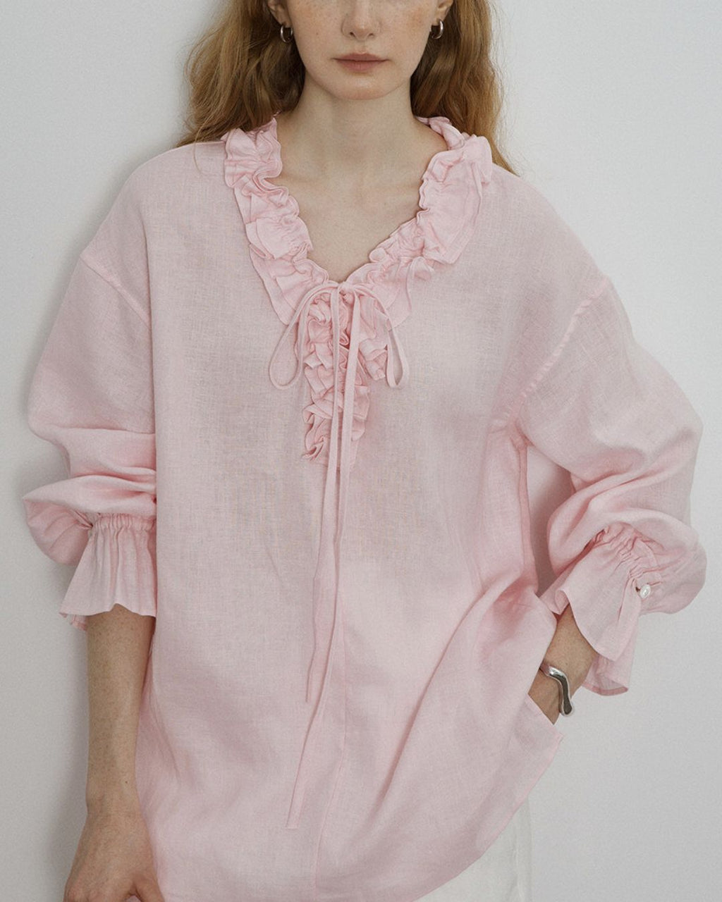 Willluxe® Linen Romantic Ruffled Puff Sleeve Shirt