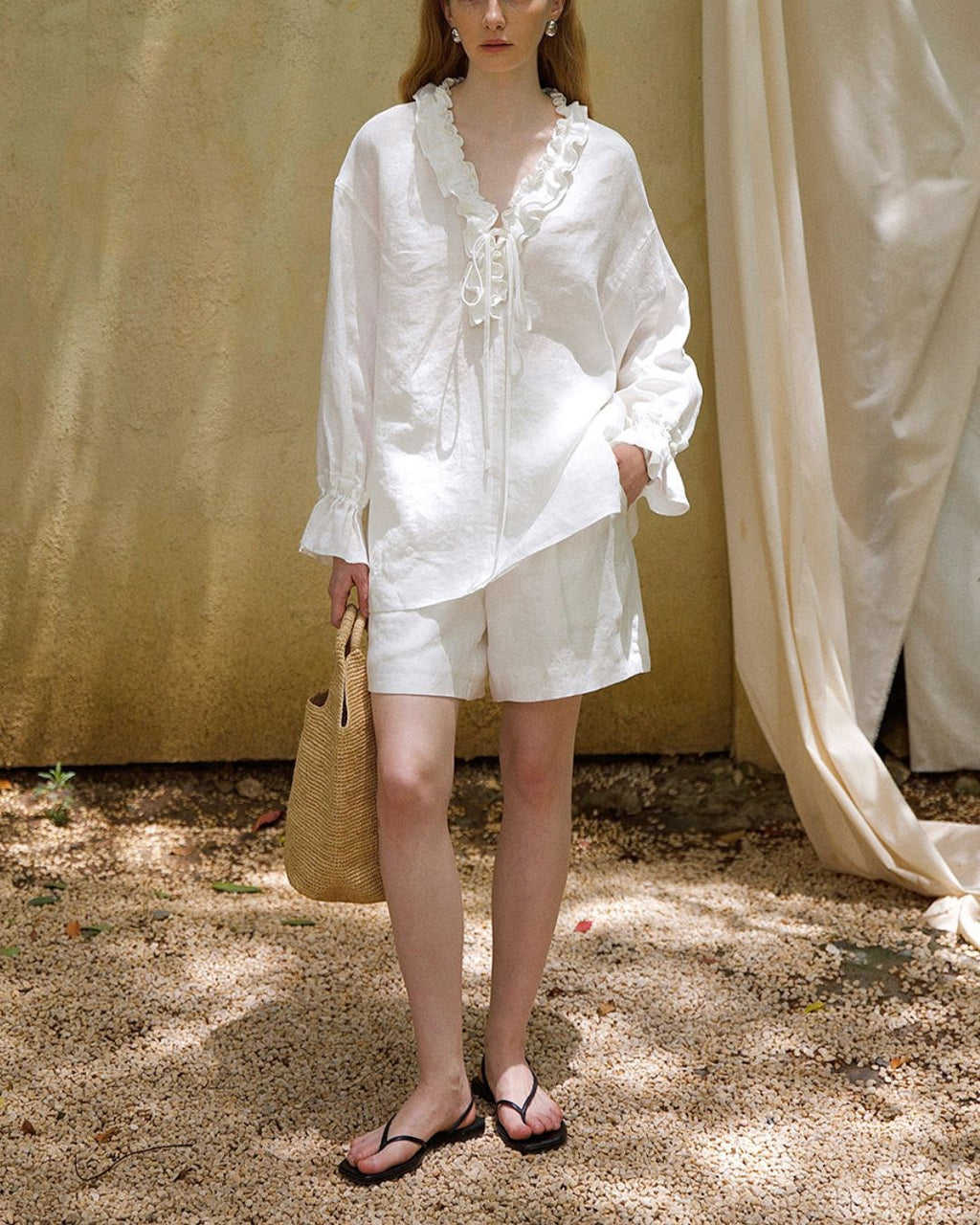 Willluxe® Linen Romantic Ruffled Puff Sleeve Shirt