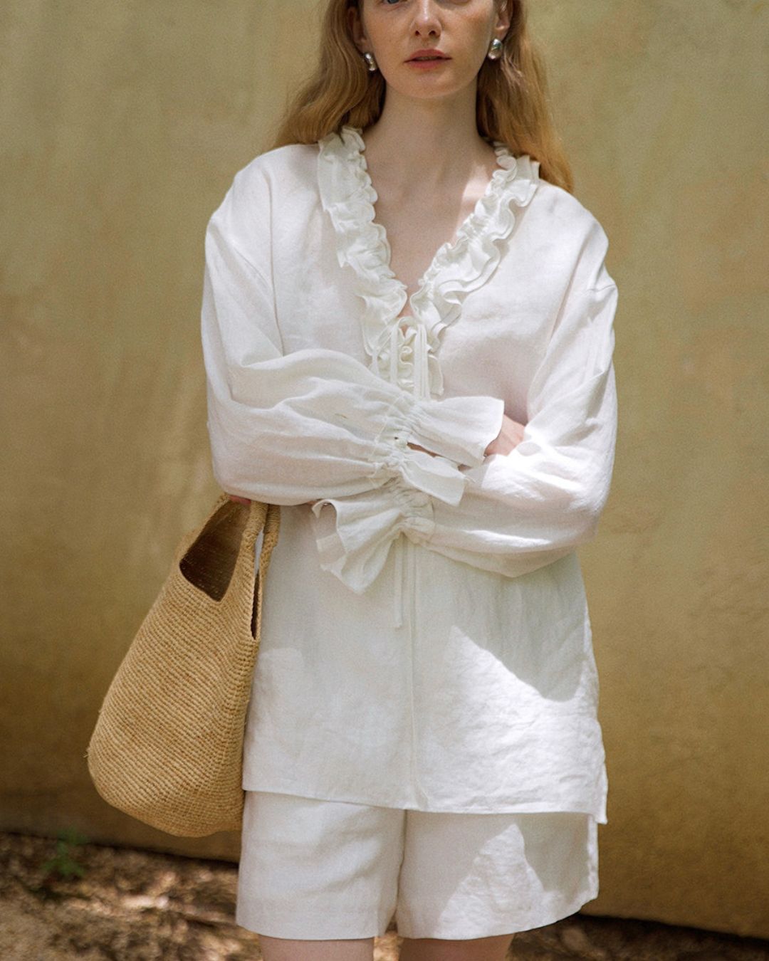 Willluxe® Linen Romantic Ruffled Puff Sleeve Shirt