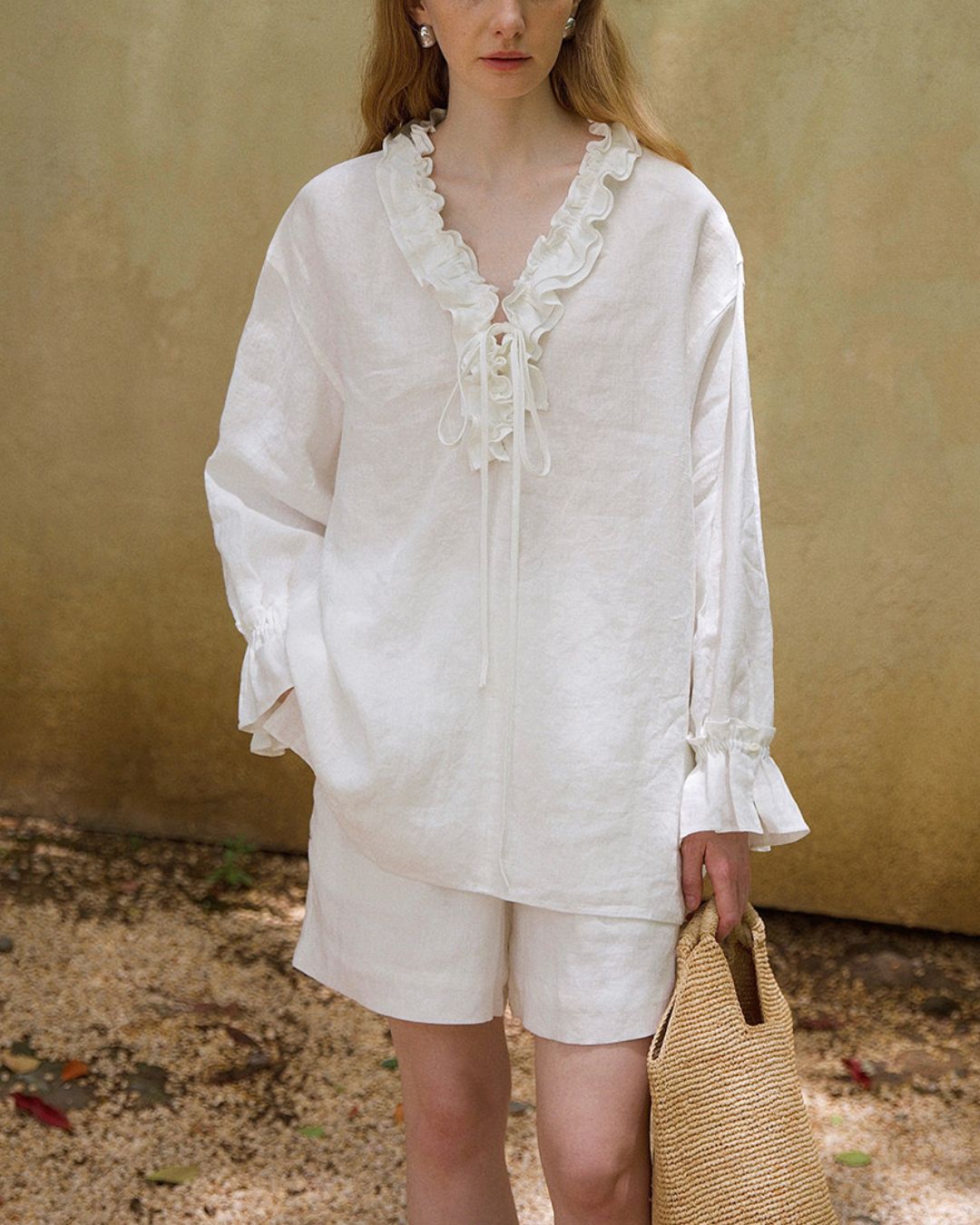 Willluxe® Linen Romantic Ruffled Puff Sleeve Shirt