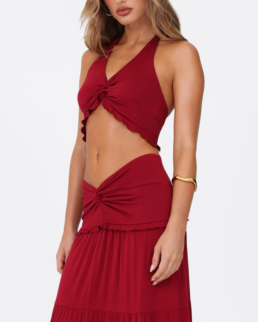 Willluxe® Plunge Halter Neck Crop Top & Ruched Skirt Two-piece Set