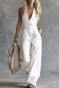 Willluxe® Sleeveless Shirt-Style Long Jumpsuit
