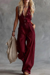 Willluxe® Sleeveless Shirt-Style Long Jumpsuit