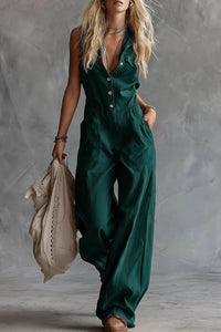 Willluxe® Sleeveless Shirt-Style Long Jumpsuit