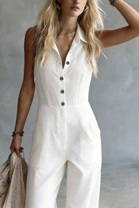 Willluxe® Sleeveless Shirt-Style Long Jumpsuit