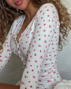 Willluxe® Sweet Floral V-Neck Long Sleeve Button-Up Romper Loungewear