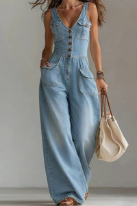 Willluxe® Washed Denim Loose-Fit Sleeveless Jumpsuit with Straps