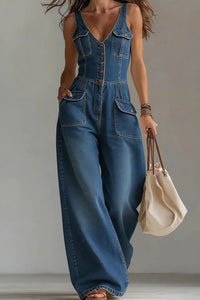 Willluxe® Washed Denim Loose-Fit Sleeveless Jumpsuit with Straps