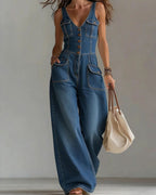 Willluxe® Washed Denim Loose-Fit Sleeveless Jumpsuit with Straps