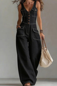 Willluxe® Washed Denim Loose-Fit Sleeveless Jumpsuit with Straps
