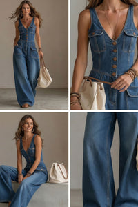Willluxe® Washed Denim Loose-Fit Sleeveless Jumpsuit with Straps