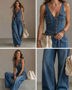 Willluxe® Washed Denim Loose-Fit Sleeveless Jumpsuit with Straps
