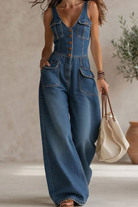 Willluxe® Washed Denim Loose-Fit Sleeveless Jumpsuit with Straps