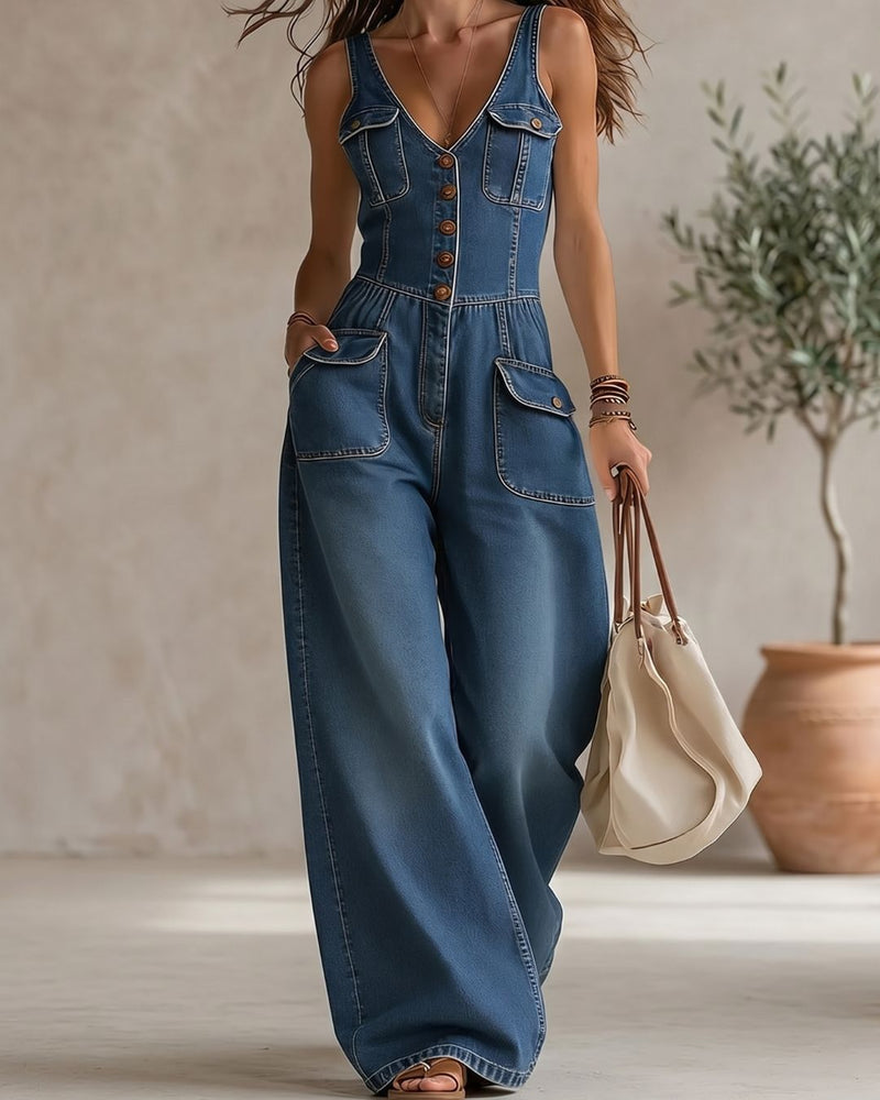 Willluxe® Washed Denim Loose-Fit Sleeveless Jumpsuit with Straps
