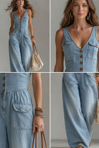 Willluxe® Washed Denim Loose-Fit Sleeveless Jumpsuit with Straps