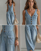 Willluxe® Washed Denim Loose-Fit Sleeveless Jumpsuit with Straps