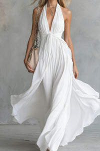 Willluxe® Deep V Halter Maxi Dress Cinched Waist Flowing Skirt Elegant Evening & Vacation Dress