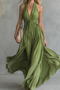 Willluxe® Deep V Halter Maxi Dress Cinched Waist Flowing Skirt Elegant Evening & Vacation Dress