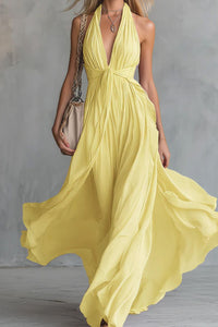 Willluxe® Deep V Halter Maxi Dress Cinched Waist Flowing Skirt Elegant Evening & Vacation Dress