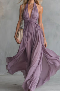 Willluxe® Deep V Halter Maxi Dress Cinched Waist Flowing Skirt Elegant Evening & Vacation Dress