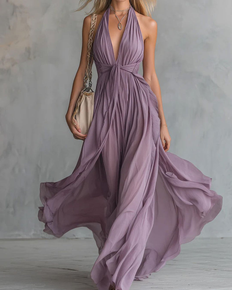 Willluxe® Deep V Halter Maxi Dress Cinched Waist Flowing Skirt Elegant Evening & Vacation Dress