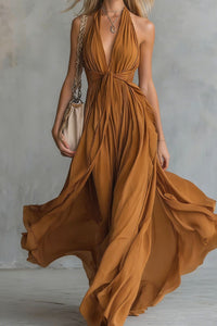 Willluxe® Deep V Halter Maxi Dress Cinched Waist Flowing Skirt Elegant Evening & Vacation Dress