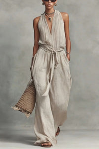 Willluxe® Deep V Halter Jumpsuit Adjustable Tie Waist Wide Leg Boho Resort Outfit