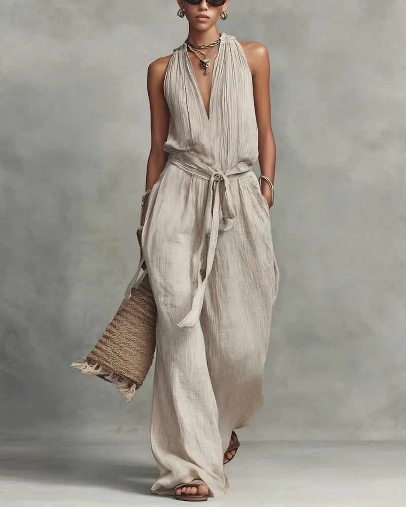 Willluxe® Deep V Halter Jumpsuit Adjustable Tie Waist Wide Leg Boho Resort Outfit