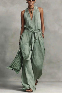 Willluxe® Deep V Halter Jumpsuit Adjustable Tie Waist Wide Leg Boho Resort Outfit