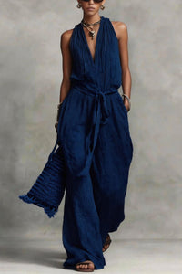 Willluxe® Deep V Halter Jumpsuit Adjustable Tie Waist Wide Leg Boho Resort Outfit