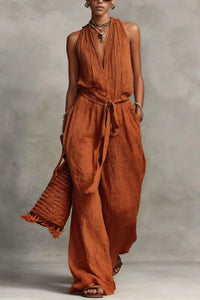 Willluxe® Deep V Halter Jumpsuit Adjustable Tie Waist Wide Leg Boho Resort Outfit