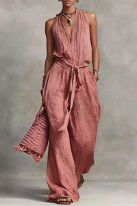 Willluxe® Deep V Halter Jumpsuit Adjustable Tie Waist Wide Leg Boho Resort Outfit