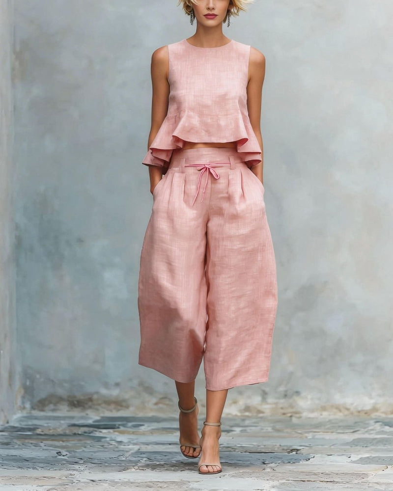 Willluxe® Blush Pink Two-Piece Set Ruffle Detail Lightweight Breathable Romantic Summer Outfit