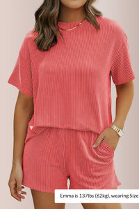 Willluxe® Ribbed Knit 2-Piece Lounge Set Short Sleeve Top & Shorts