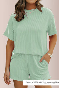 Willluxe® Ribbed Knit 2-Piece Lounge Set Short Sleeve Top & Shorts
