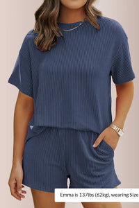 Willluxe® Ribbed Knit 2-Piece Lounge Set Short Sleeve Top & Shorts