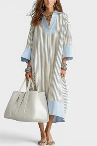 Willluxe® Elegant Striped Midi Dress Deep V-Neck Contrast Cuff Flowy Relaxed Fit Summer Dress