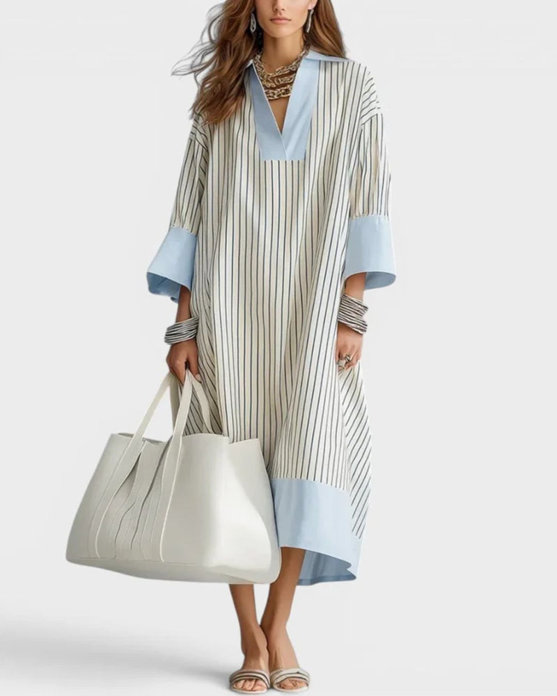 Willluxe® Elegant Striped Midi Dress Deep V-Neck Contrast Cuff Flowy Relaxed Fit Summer Dress