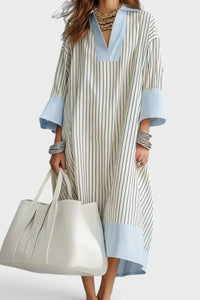Willluxe® Elegant Striped Midi Dress Deep V-Neck Contrast Cuff Flowy Relaxed Fit Summer Dress
