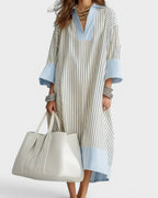 Willluxe® Elegant Striped Midi Dress Deep V-Neck Contrast Cuff Flowy Relaxed Fit Summer Dress