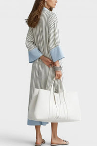 Willluxe® Elegant Striped Midi Dress Deep V-Neck Contrast Cuff Flowy Relaxed Fit Summer Dress