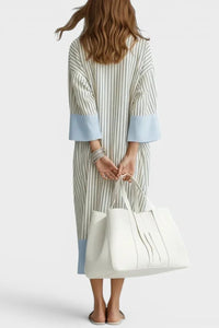 Willluxe® Elegant Striped Midi Dress Deep V-Neck Contrast Cuff Flowy Relaxed Fit Summer Dress