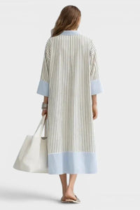 Willluxe® Elegant Striped Midi Dress Deep V-Neck Contrast Cuff Flowy Relaxed Fit Summer Dress