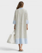 Willluxe® Elegant Striped Midi Dress Deep V-Neck Contrast Cuff Flowy Relaxed Fit Summer Dress