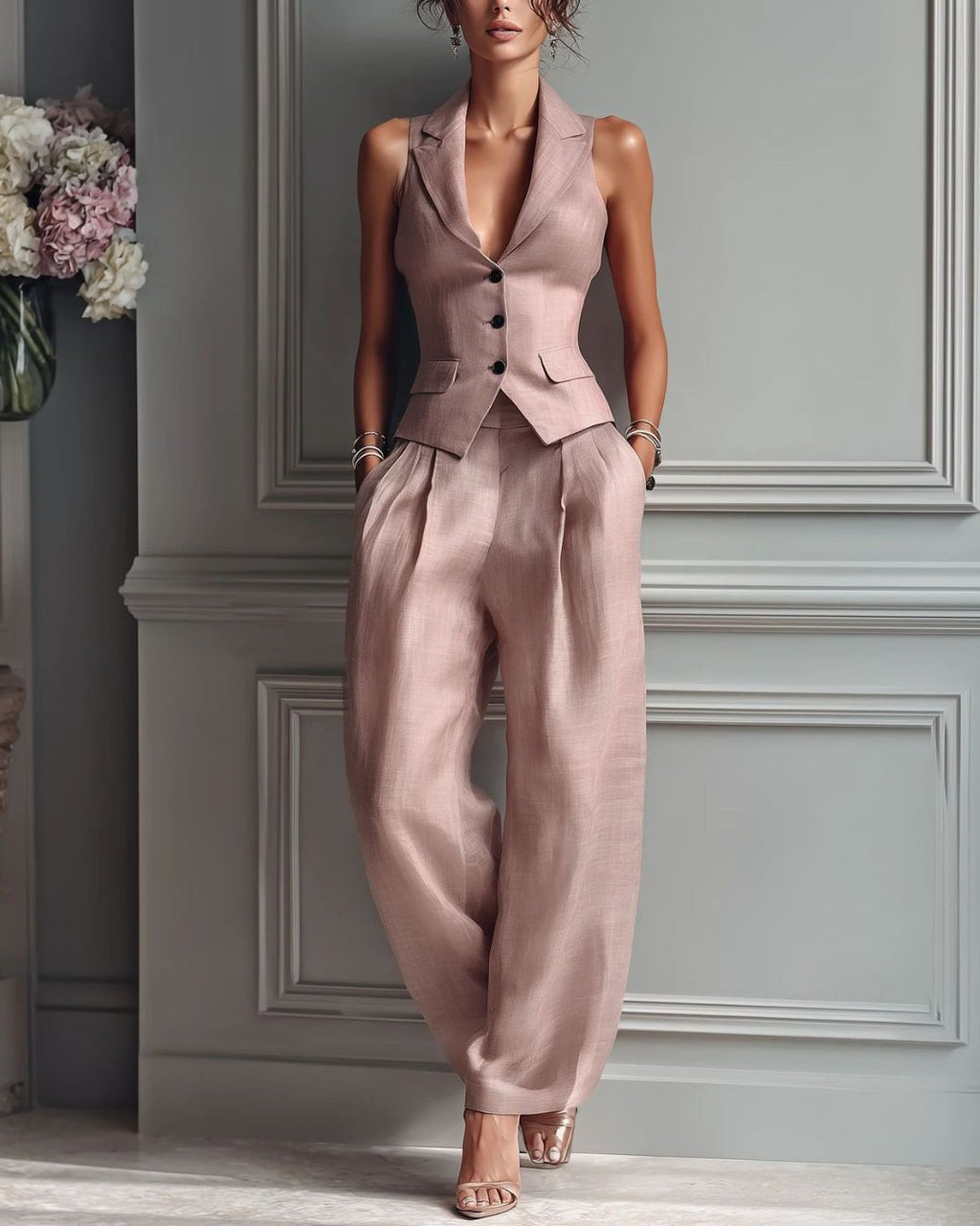 Willluxe® Tailored Waistcoat and Pleated Wide Leg Pants Set Structured Two-Piece Elegant Work Outfit
