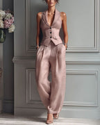 Willluxe® Tailored Waistcoat and Pleated Wide Leg Pants Set Structured Two-Piece Elegant Work Outfit