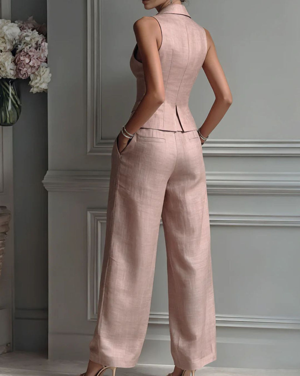 Willluxe® Tailored Waistcoat and Pleated Wide Leg Pants Set Structured Two-Piece Elegant Work Outfit