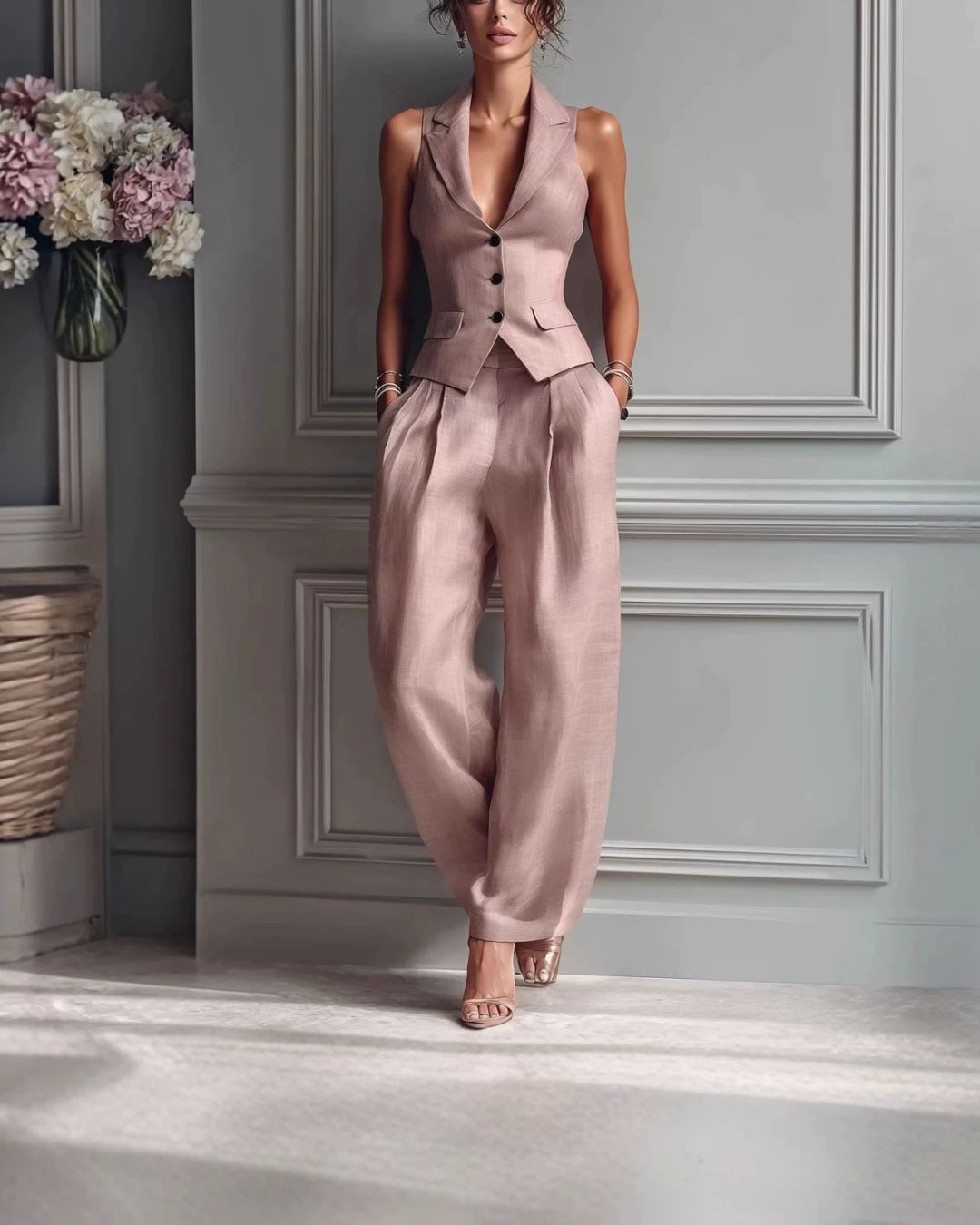 Willluxe® Tailored Waistcoat and Pleated Wide Leg Pants Set Structured Two-Piece Elegant Work Outfit
