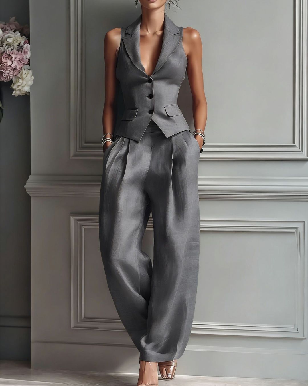 Willluxe® Tailored Waistcoat and Pleated Wide Leg Pants Set Structured Two-Piece Elegant Work Outfit
